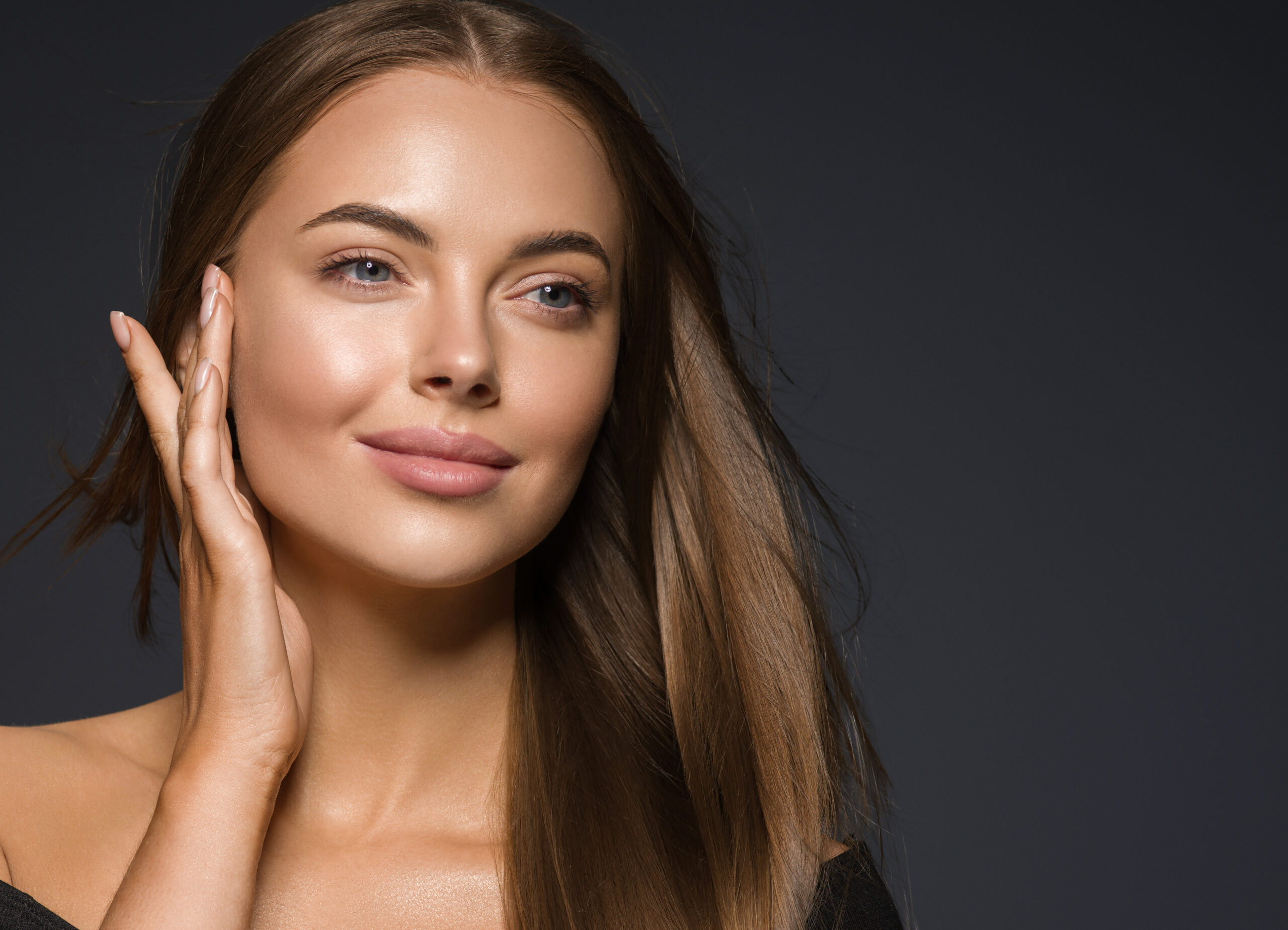 Female face beauty woman long hair fly natural make up clean hea